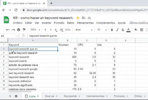 Animació que il·lustra els passos principals per fer un estudi de paraules clau per a una web.